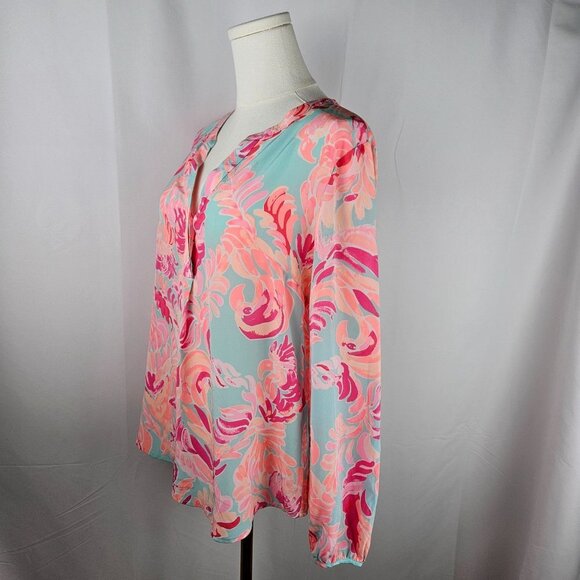 Lilly Pulitzer Stacey Silk Top Blouse Small Long Sleeve Pink Blue - Picture 3 of 14
